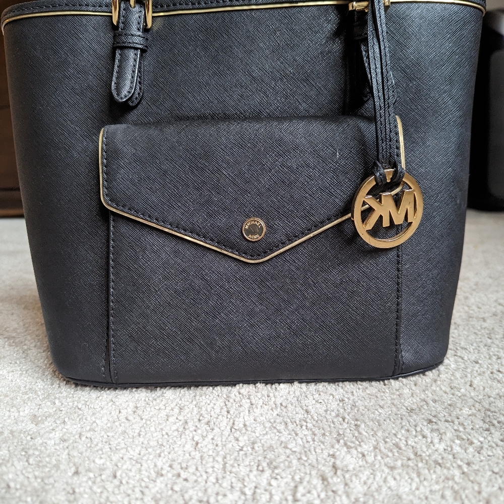 MICHAEL KORS Womens Saffiano Frame MK Tote Bag Black Leather
